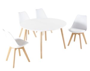 Mesa d ecomedor redonda extensible en tonos blancos y madera