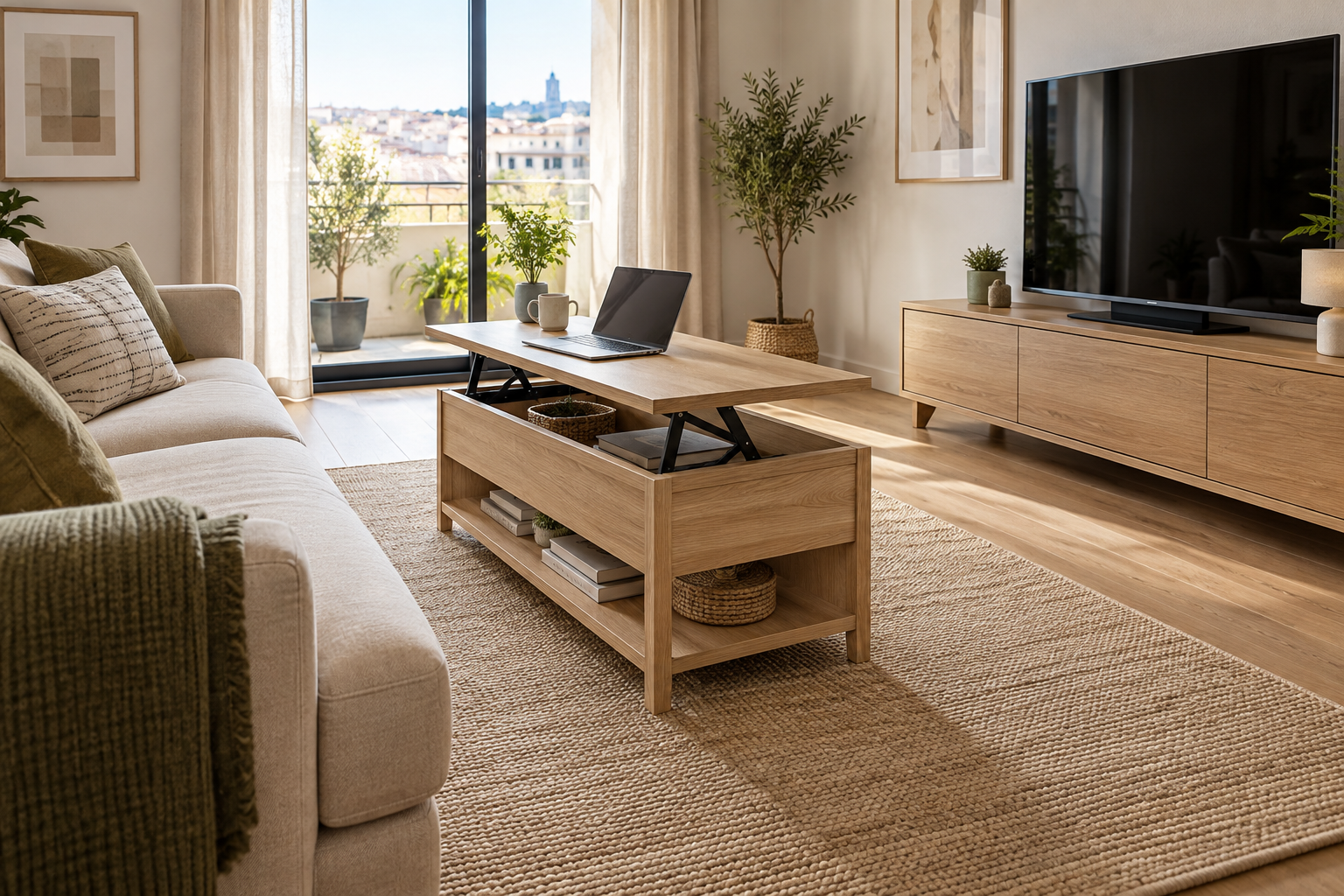 Mesa de centro elevable: qué medidas dejar entre el sofá, la TV y las zonas de paso